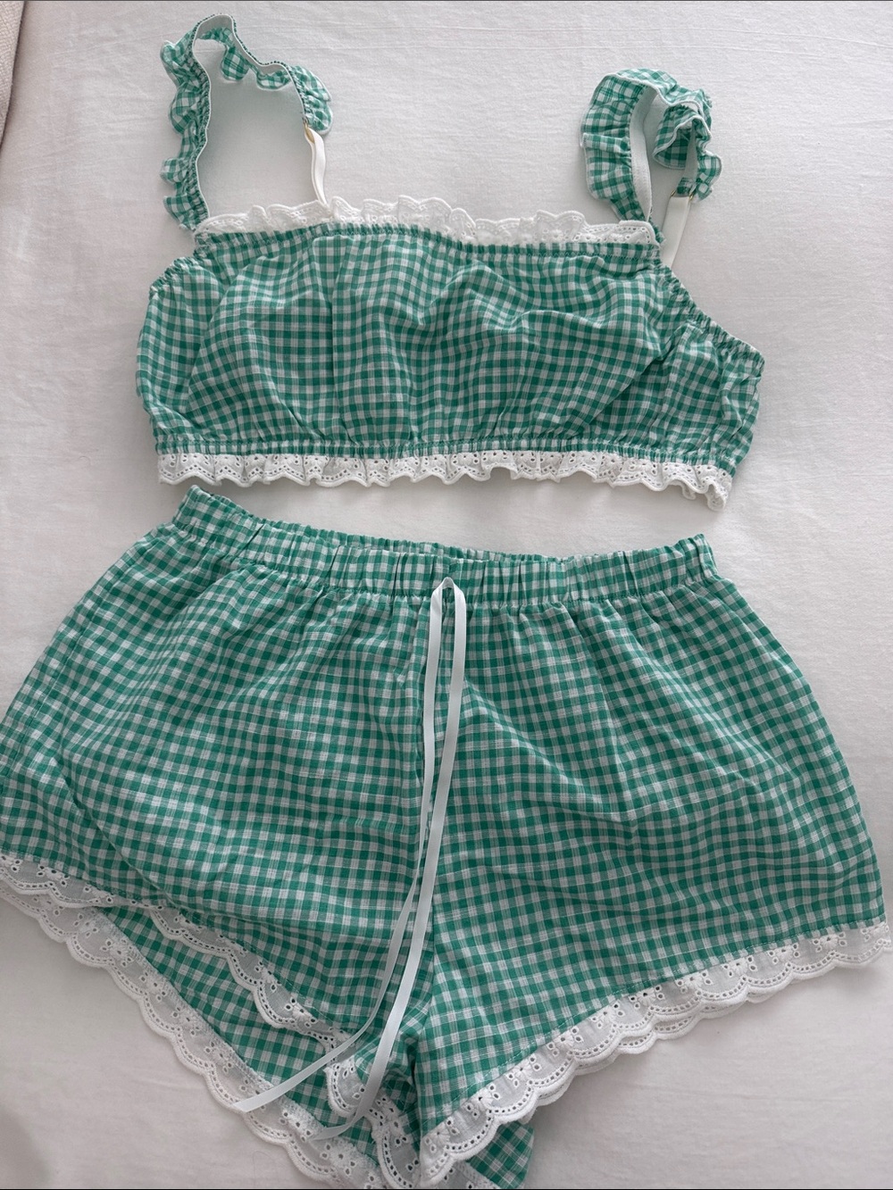 Anthropologie Green Gingham Lace-Trim Two-Piece Sleep Set